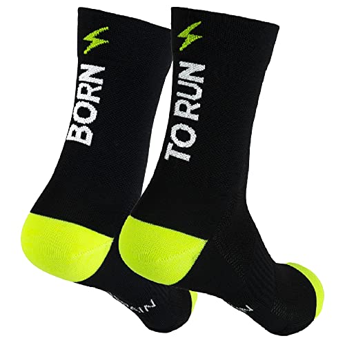 KOLYNDO Calcetines Técnicos Deportivos Transpirables y Compresivos Correr - Para Running, Ciclismo, Gimnasio, Funcional, Triatlón Divertidos (36-39, Born To Run Negro)