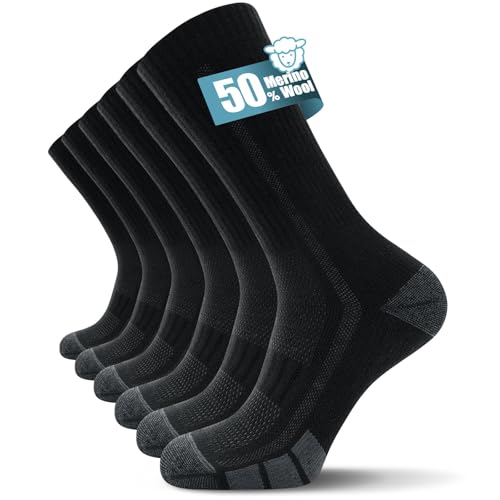 TANSTC Calcetines Térmicos de Senderismo para Hombre, Acolchados de Lana Merina, Transpirables para Correr, Ciclismo e Invierno, 3 Pares, Negro, Talla M