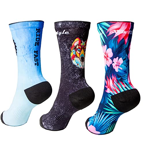 XMTBSTYLE -Calcetines Hombre Divertidos -Calcetines Running Hombre -Calcetines Deporte Mujer -Calcetines Crossfit -Calcetines Ciclismo (FR/ES, Números, 42, 45, Regular, Regular, AZUL LOBO FLORES)