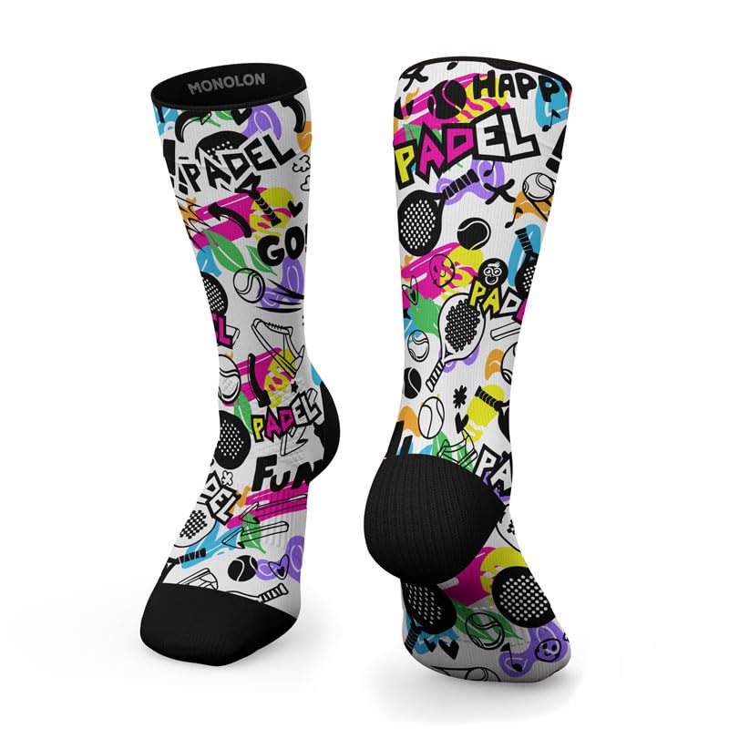Monolon Calcetines técnicos deportivos semicompresivos 360º. Termorreguladores, transpirables, antirozaduras, antiampollas. Sin costuras (FR/ES, Números, 31, 34, Regular, Regular, Happy Padel)
