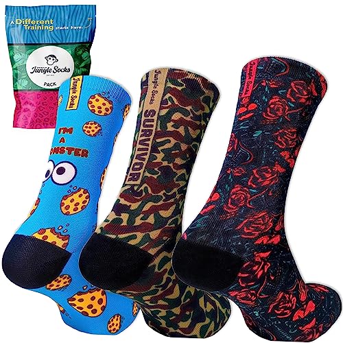 Jungle Socks, Pack de 3 Calcetines Deportivos Divertidos para Crossfit, Gimnasio, Ciclismo, Running, Pádel, Halterofilia, Trekking. Cómodos, Resistentes y Sin Costuras. Diseñado en Europa.